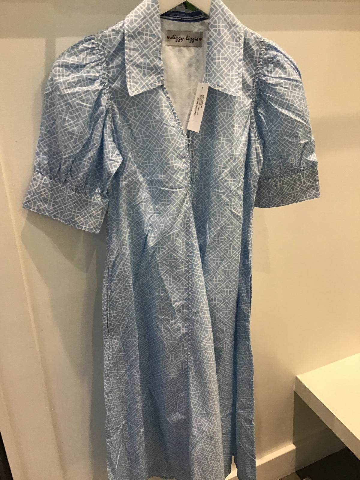 Montauk Dress in Light Blue Geo Print by Dizzy Lizzie