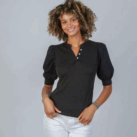 Kate Puff Sleeve V Neck in Black by Erin Gray