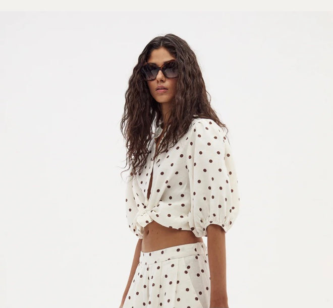 Bubble Linen Shirt with Brown Polka Dots by LANHTROPY