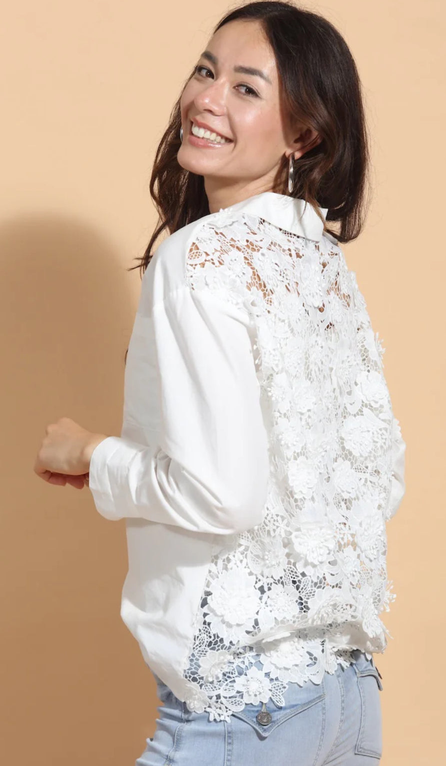 Cotton Shirt with 3-D Appliqué Lace Back in White by Jessie Liu