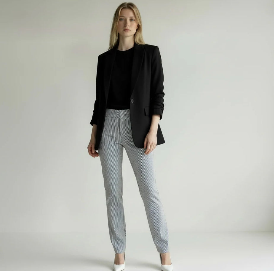 Double Slit Ankle Pant in Navy Stripe by Estelle and Finn (8364)