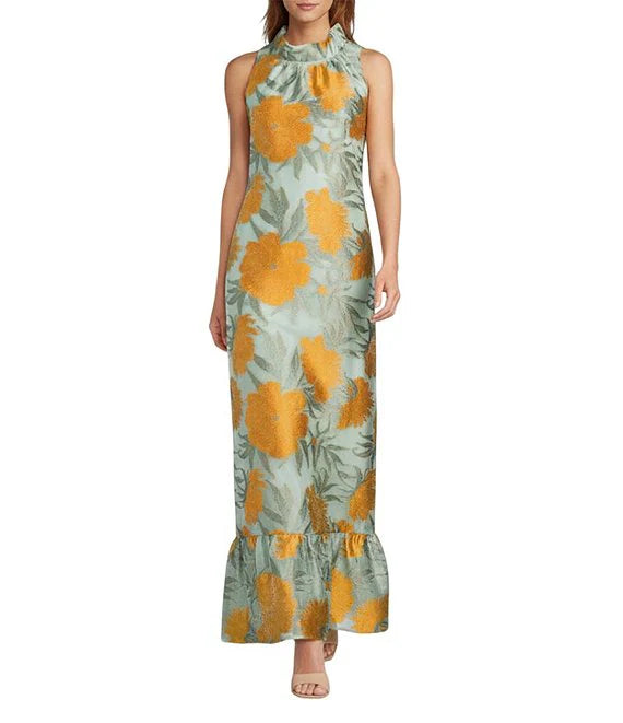 Camille Floral Print Ruffle Mock Neck Sleeveless Gown in Mint Multi by Abbey Glass