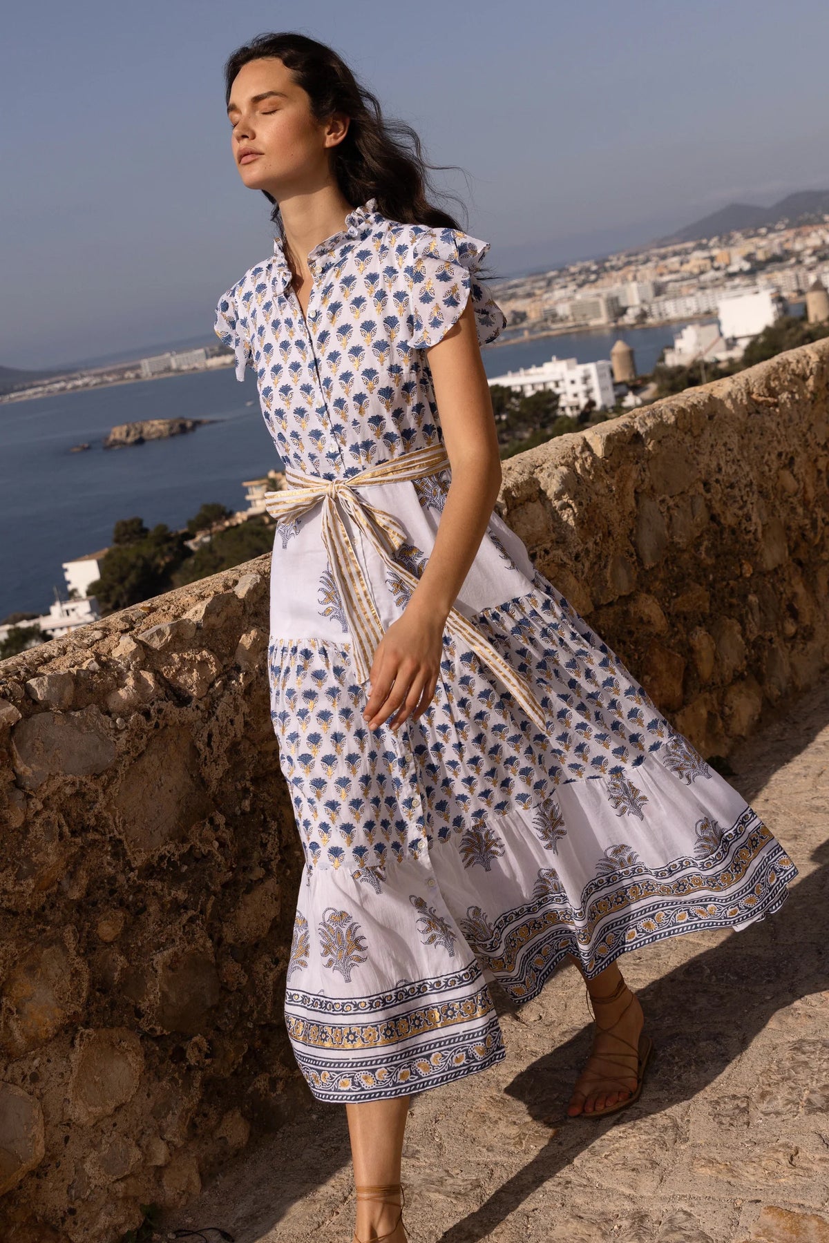 Ruffle Collar Button Maxi Lotus Navy