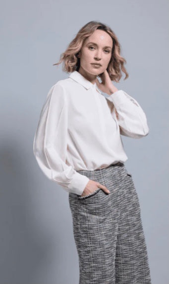 Ivette Pleated Balloon Sleeve Blouse in Natural Pearl