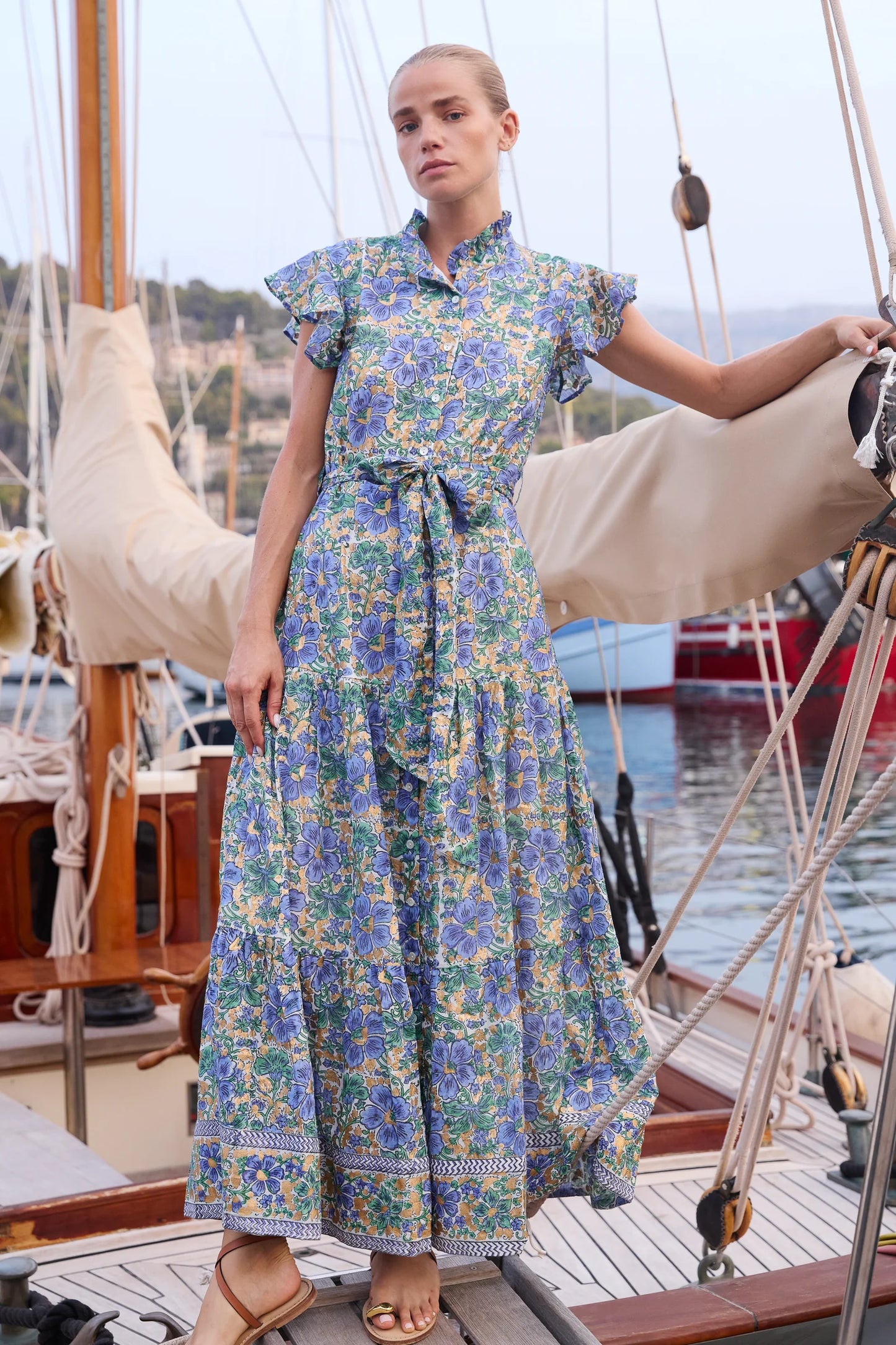 Ruffle Collar Button Maxi in Matera Blue by Oliphant