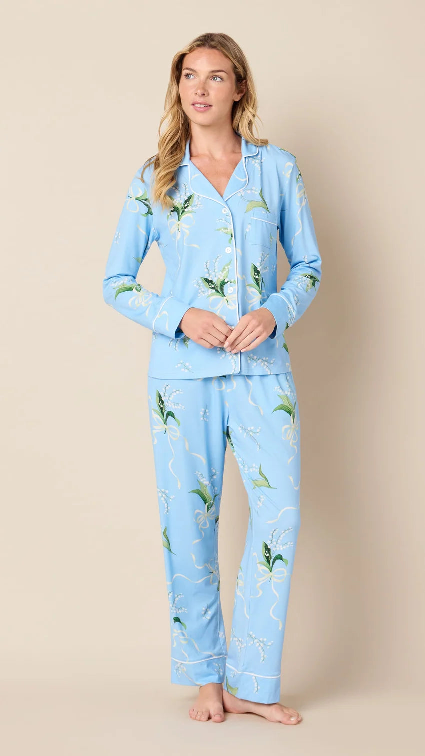Pima Knit Long Sleeve Pajamas in Bouquet and Bow by The Cat’s Pajamas