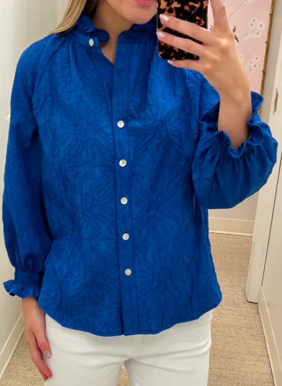 Fiona Ruffle Neck Shirt Textured Jacquard Shirt in Blue by Finley