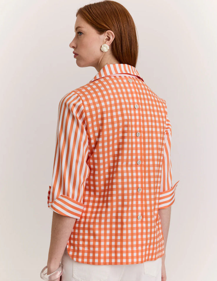 Aileen 3/4 Sleeve in Tangerine Stripe/Gingham White Combo Top by Hinson Wu