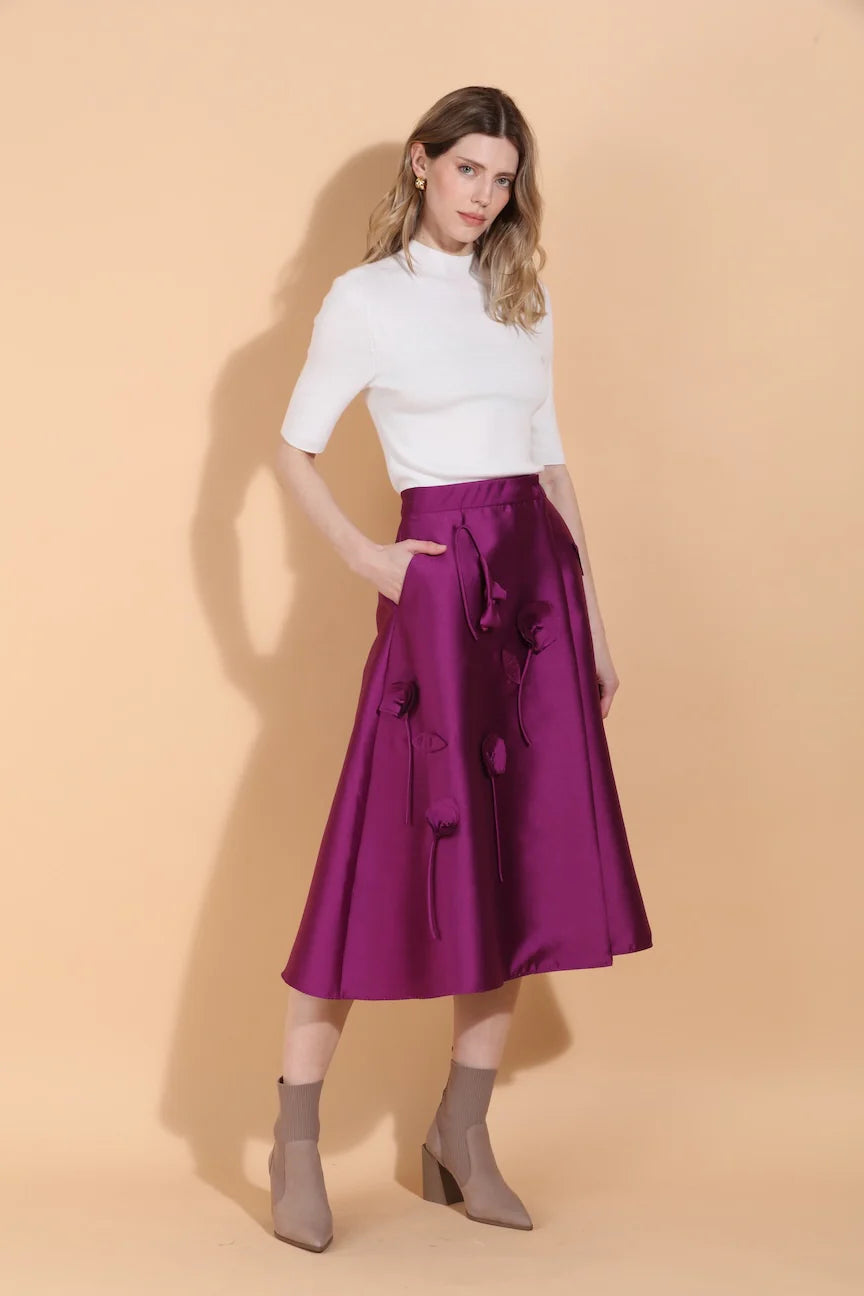 Wool Silk Blended Wrap Skirt with Flower Appliqué & Side Pockets in Purple by Jessie Liu