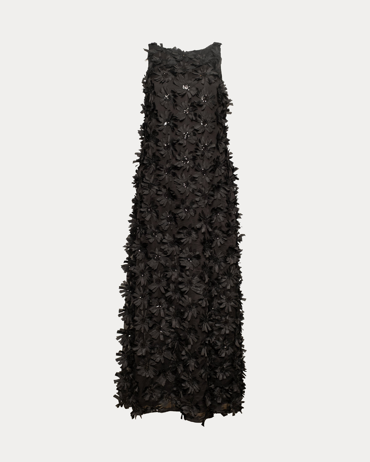 Francesca Maxi Dress with Floral Appliqué in Black Satin by Frances Valentine
