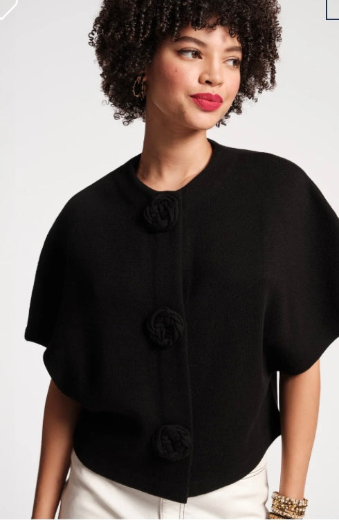 Camegie Shrug Solid Sweater in Black with Floral Button by Frances Valentine