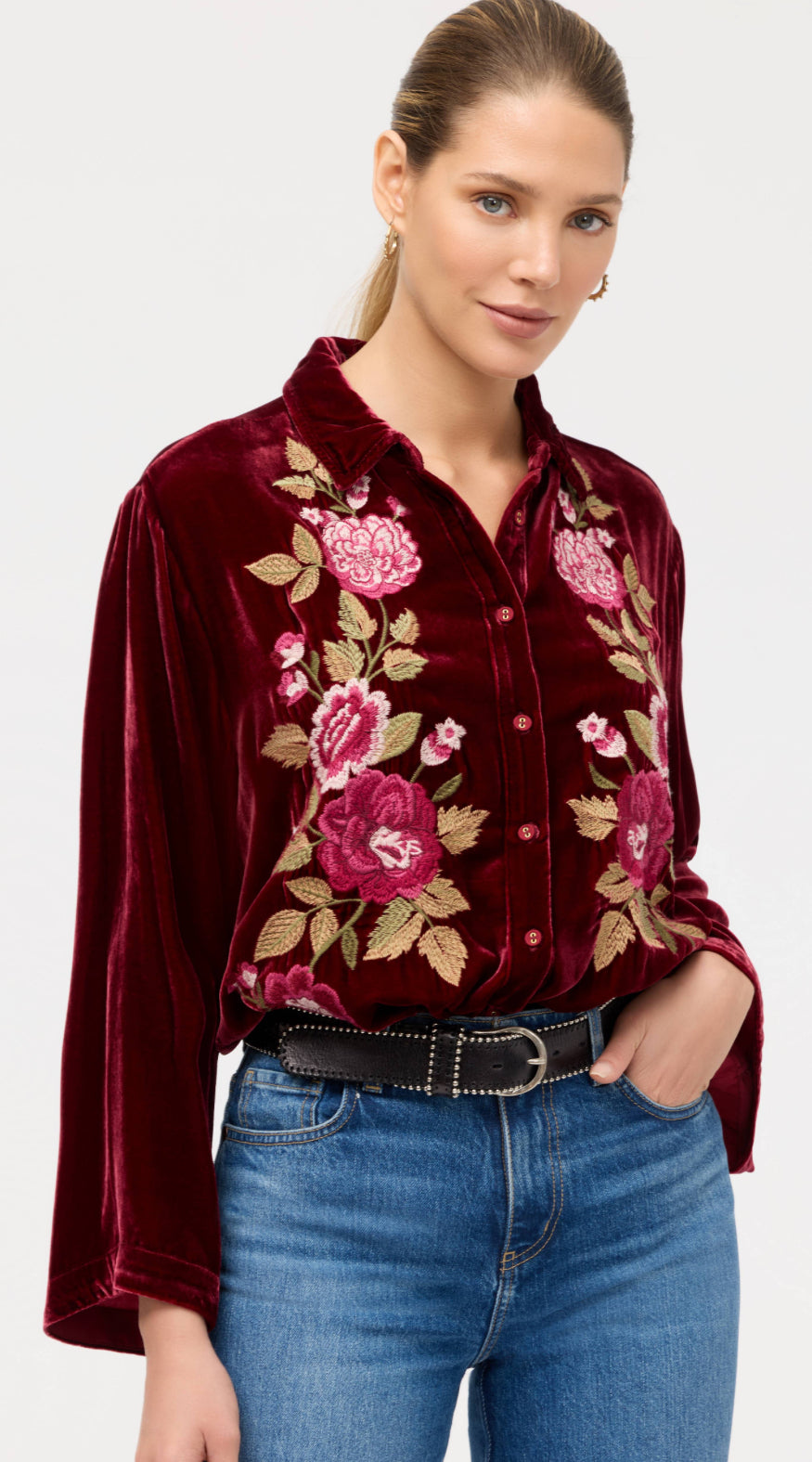Mehdi Kimono Sleeve Shirt in Cran-Ruby by Johnny Was