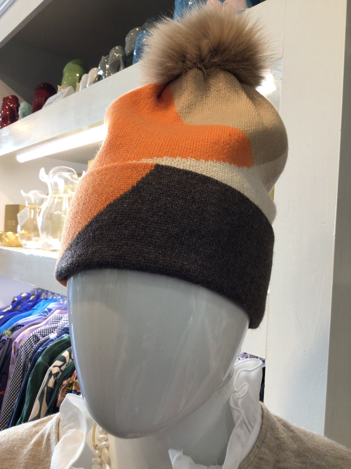 Abstract Colorblock Knit Wool Beanie with Fox Pom by Mitchie’s Matchings