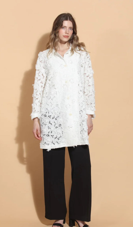 3-D Appliqué Linen Lace Long Jacket in White by Jessie Liu