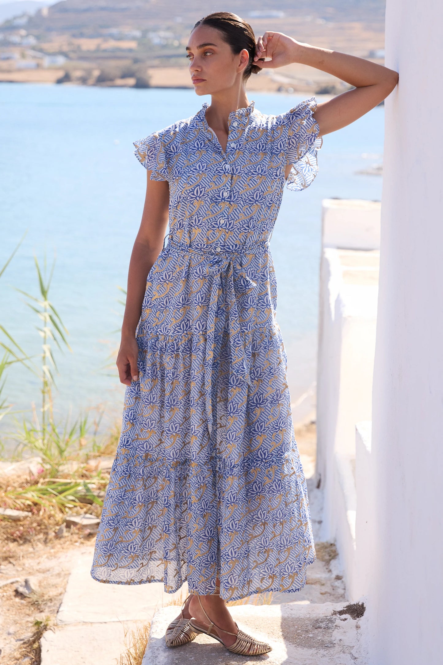 Ruffle Collar Button Maxi in Florence Blue by Oliphant