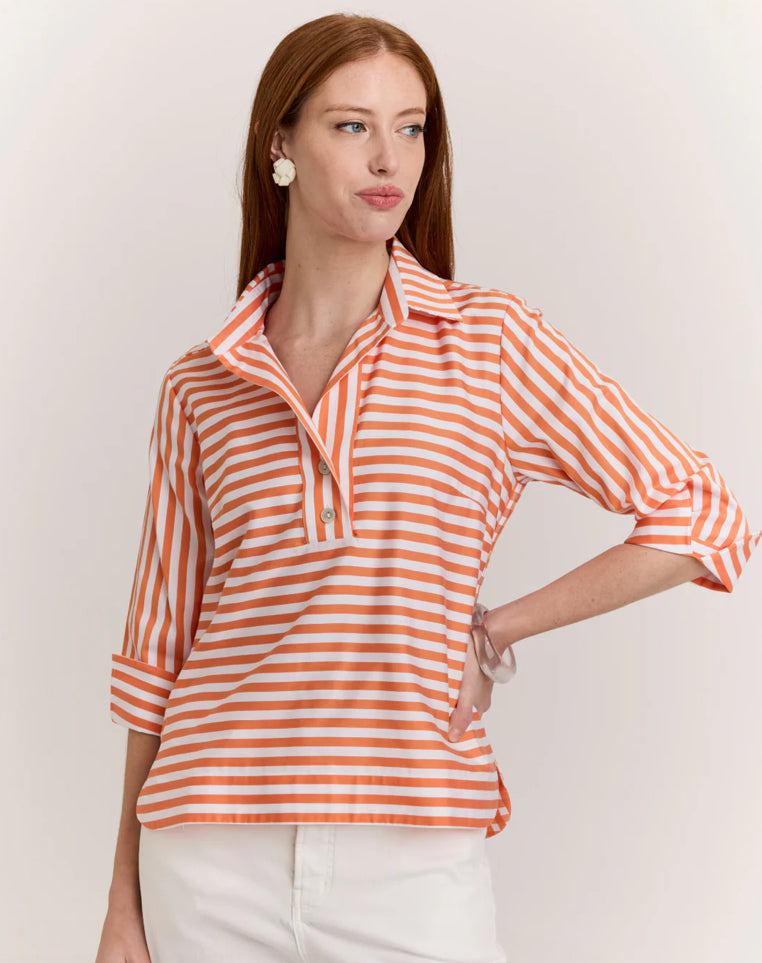 Aileen 3/4 Sleeve in Tangerine Stripe/Gingham White Combo Top by Hinson Wu