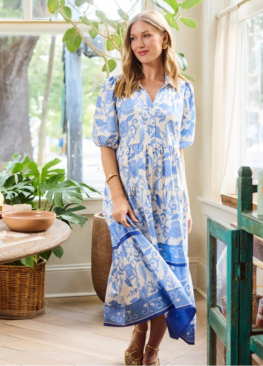 Eloise Dress in Porcelain Vines Blue by Mary Square