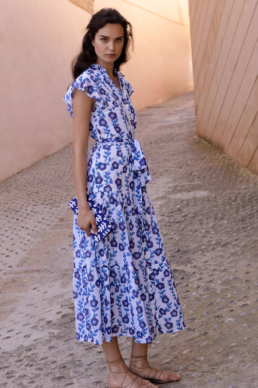 Ruffle Collar Button Maxi in Toscana Blue by Oliphant