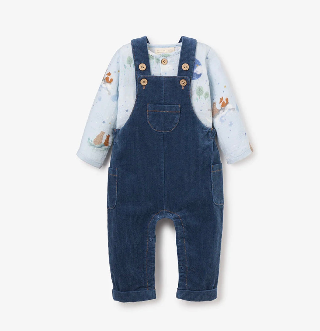 Magical Adventure Organic Muslin Top and Corduroy Overalls in Slate Blue by Elegant Baby