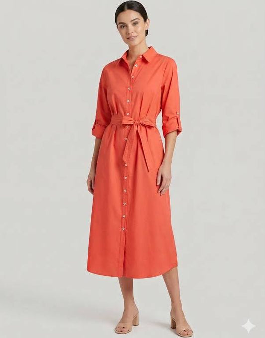 Alex 3/4 Sleeve Shirt Dress in Coral Typewriter Cloth by Finley