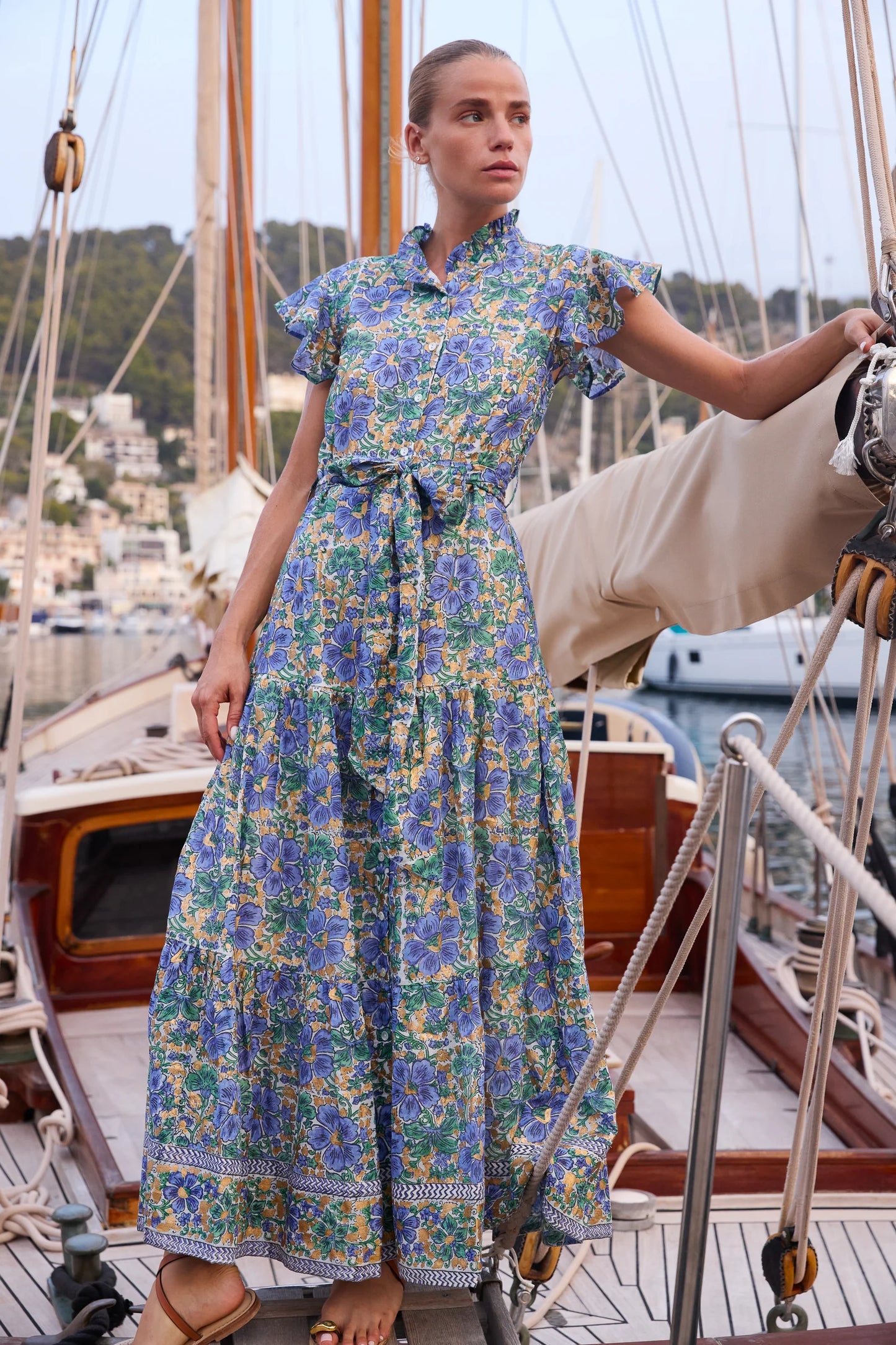 Ruffle Collar Button Maxi in Matera Blue by Oliphant