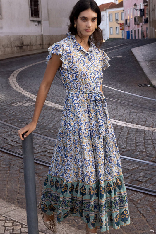 Ruffle Collar Button Maxi in Ivy Cobalt by Oliphant