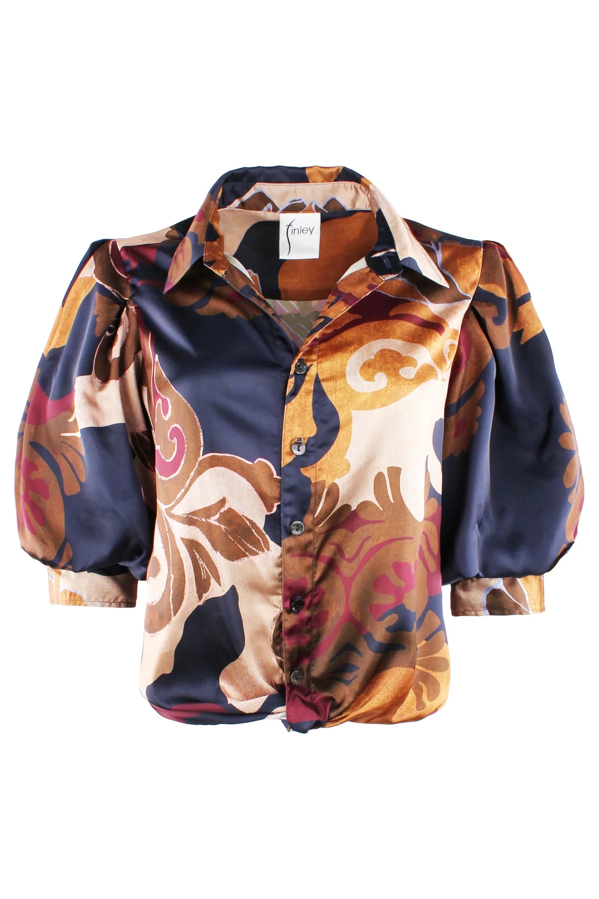 Bomba Satin Shirt in Navy Bronze and Brown Etruscan Scroll by Finley Shirts