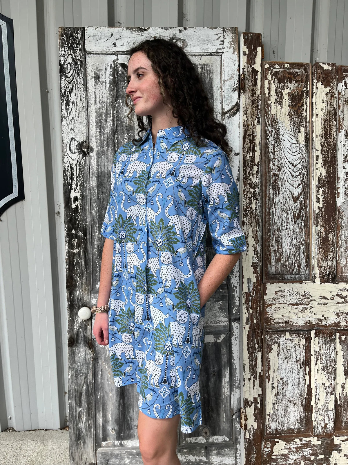 Chatham Dress Blue Ground With Cheetahs by Dizzy Lizzie