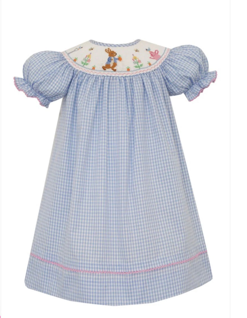 Girls Blue Gingham Smocked Peter Rabbit Dress  by Anavini