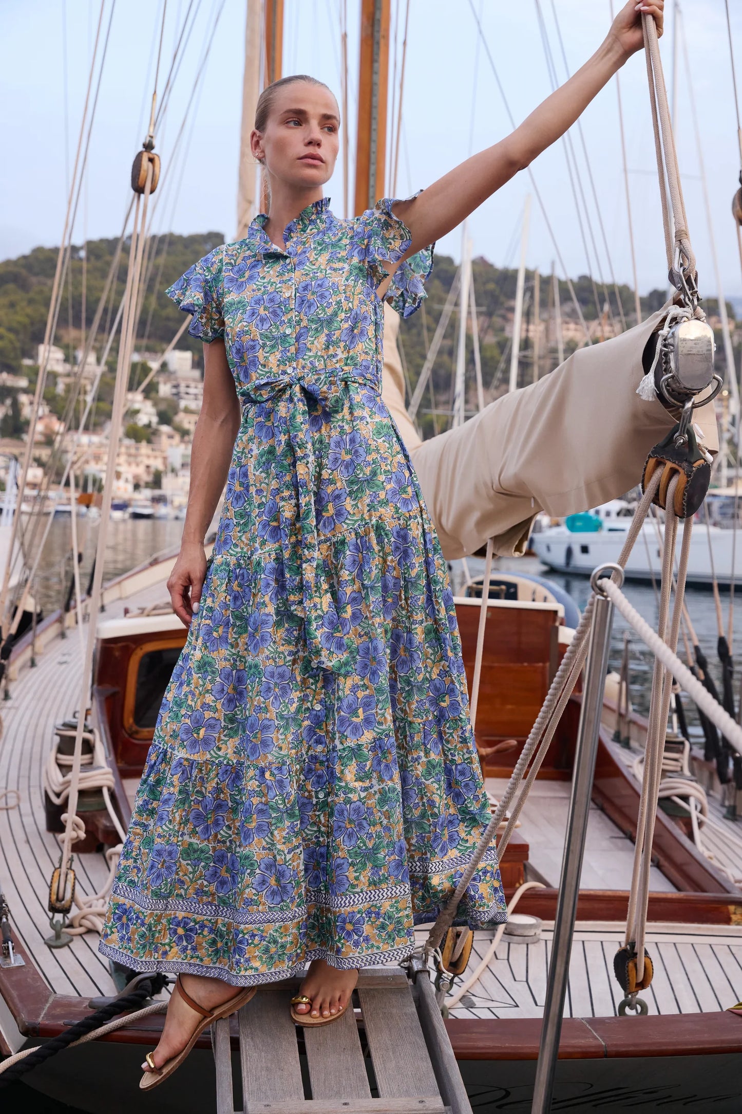 Ruffle Collar Button Maxi in Matera Blue by Oliphant