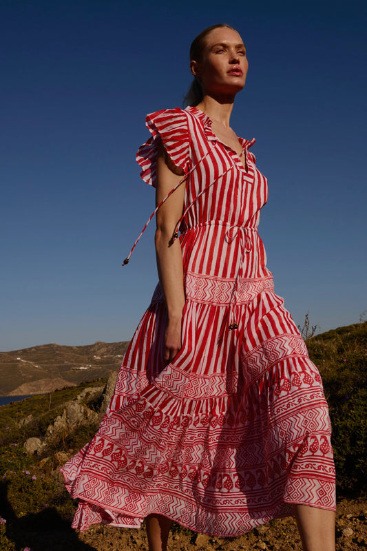 Cinched Flirty Midi Dress In Santorini Red by Oliphant