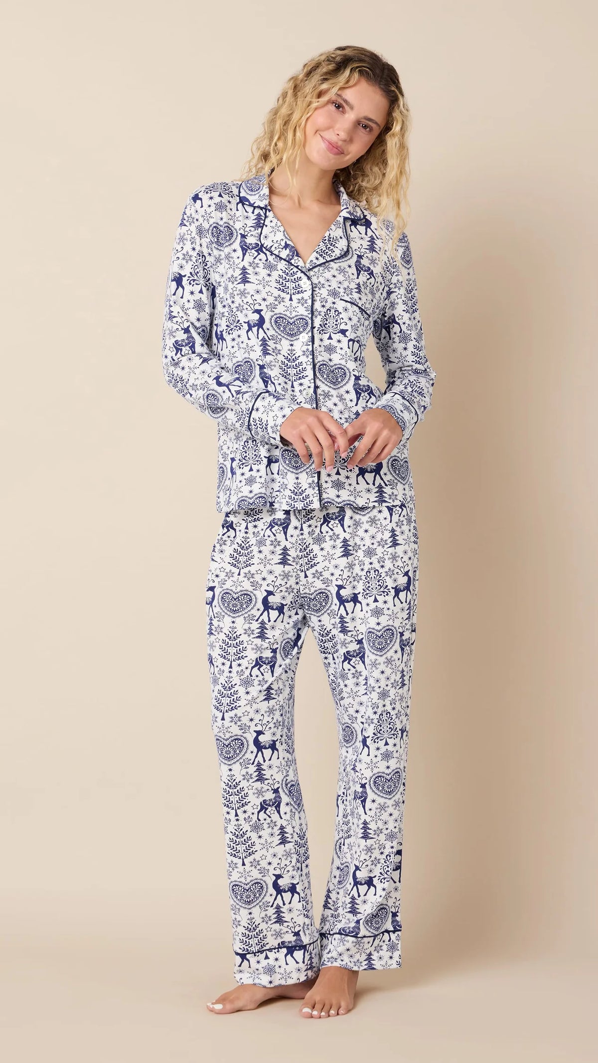 Pima Knit Long-Sleeved Pajama in Holly Jolly Blue  by The Cat’s Pajamas