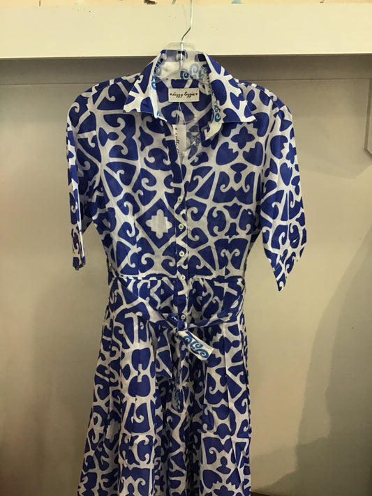 Mrs Maisel Dress in Blue and White Geo by Dizzy Lizzie