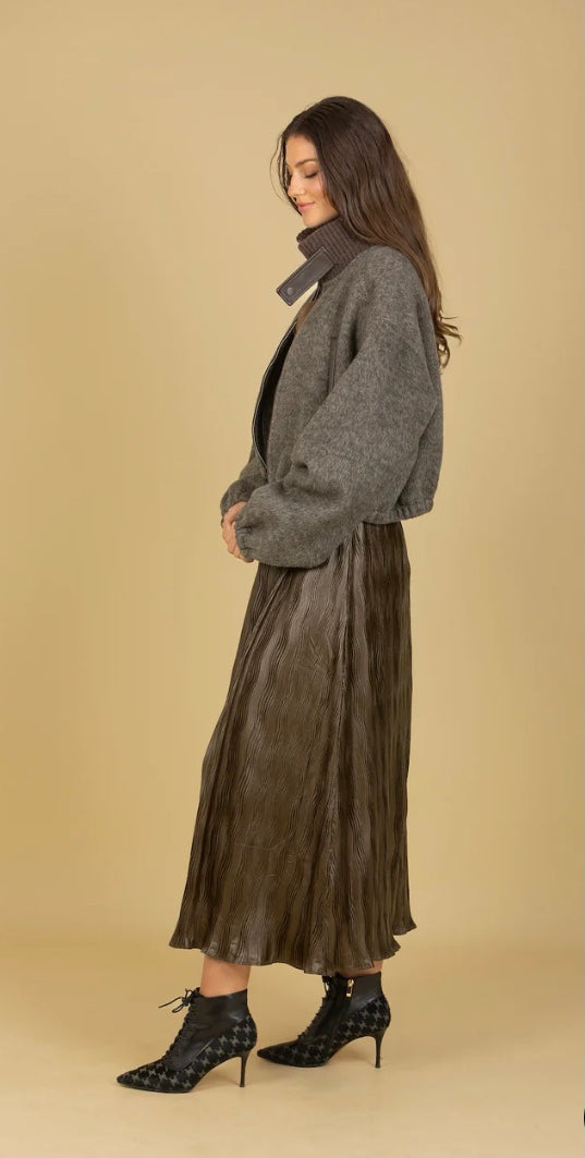 Pleated Midi Skirt in Olive Green by Jessie Liu