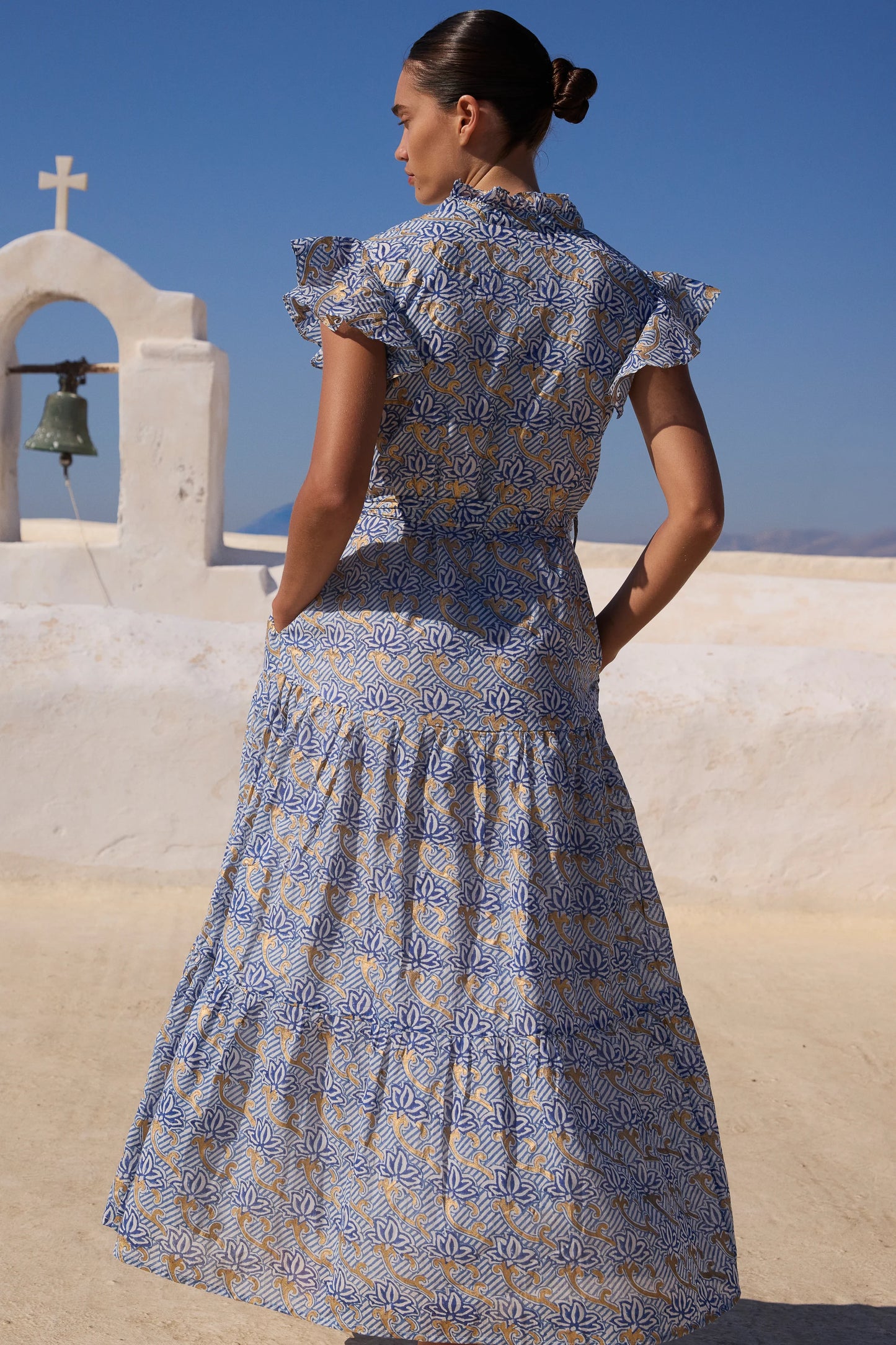 Ruffle Collar Button Maxi in Florence Blue by Oliphant