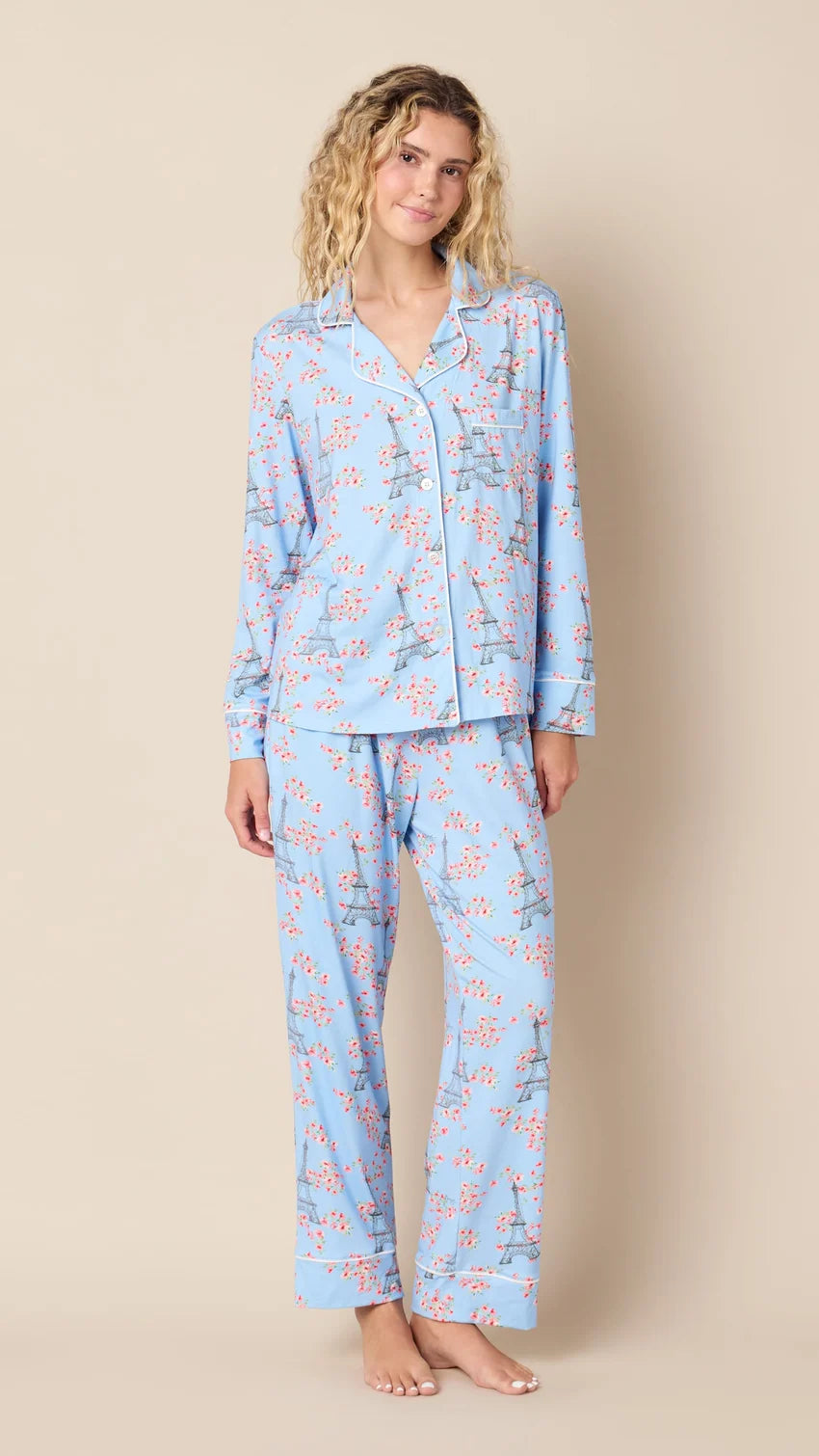 Pima Knit Long-Sleeved Pajama in Petals Over Paris by The Cat’s Pajamas