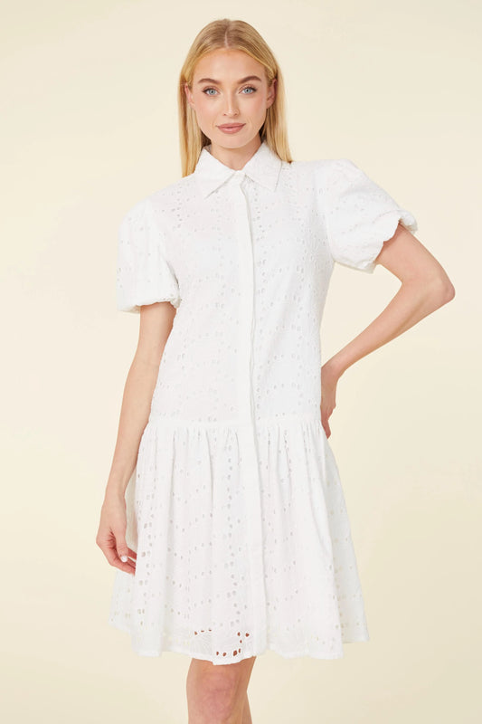 Short Sleeve Eyelet Dress in White by Dolce Cabo
