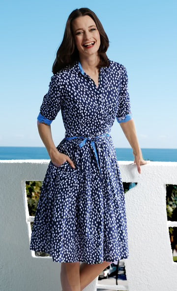 MRS MAISEL DRESS NAVY WHITE POLKA DOT PRINT COTTON VOILE by Dizzy Lizzie