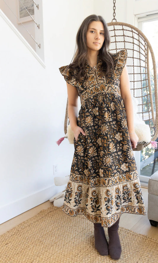 Lennon Dress in Black Jacobean