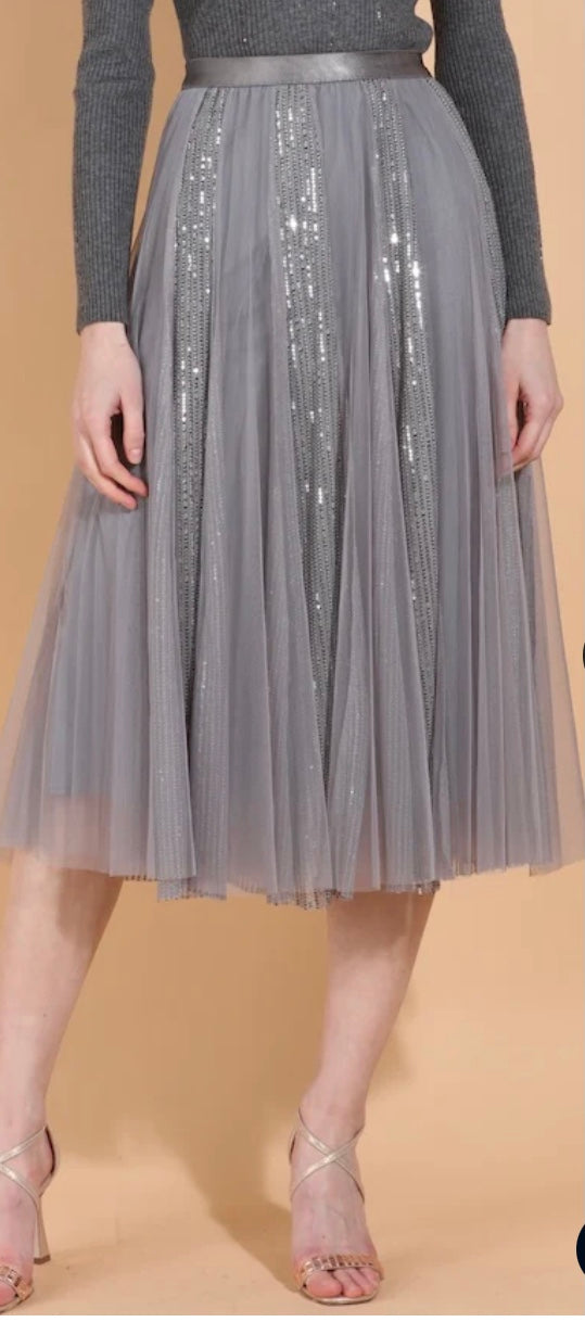 Sequined Tulle Skirt in Grey by Jessie Liu