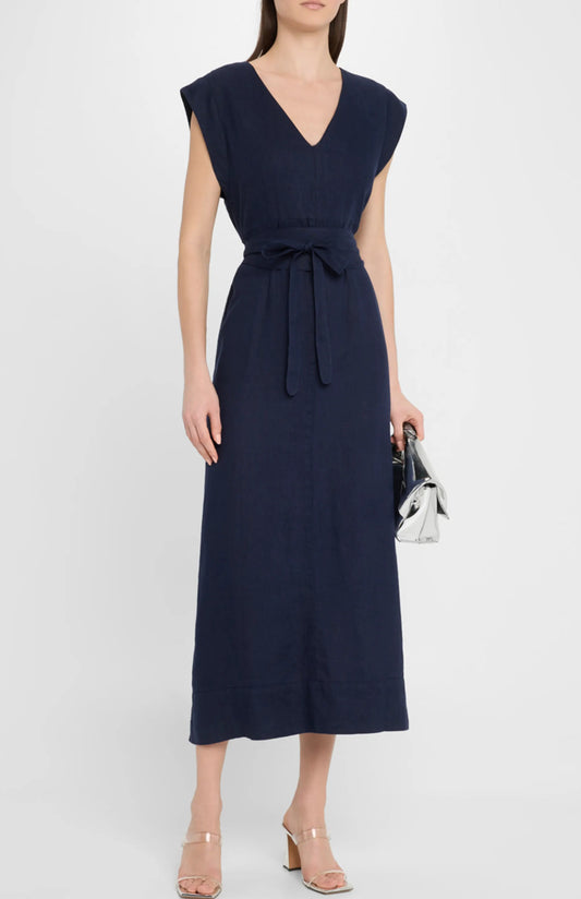 Beverly Long Shift Dress in Navy Washed Linen by Finley