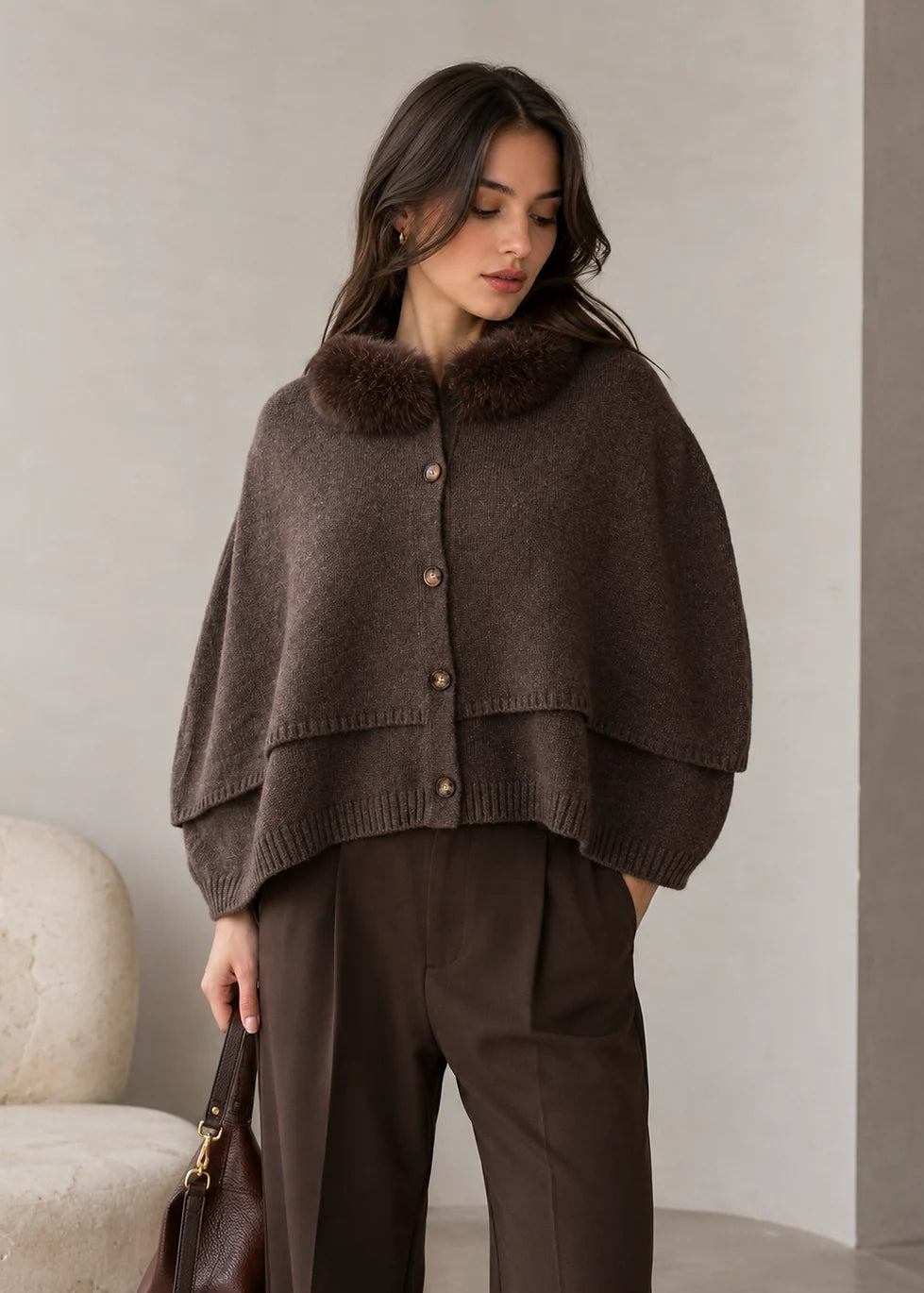 Brown Double Layer Poncho Fox Fur Trim [POIM90-BRWN-BFOX-BLKF-OSZ] by Mitchie’s Matchings
