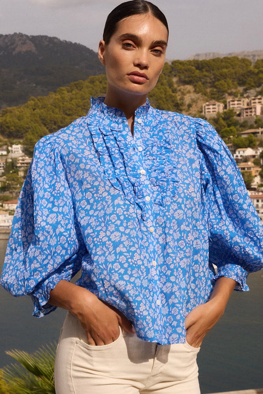 Ruffle Front Button Front Blouse  Ditsy Blue by Oliphant