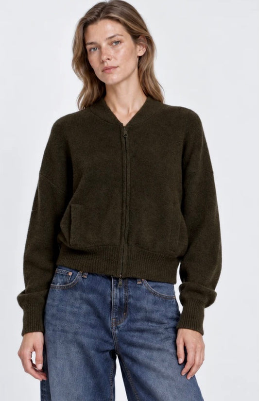 Cashmere Cropped Bomber in Army by Minnie Rose
