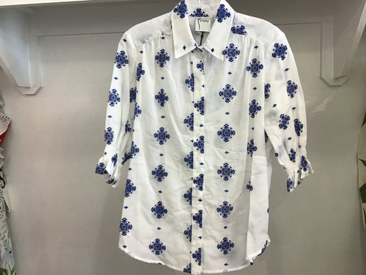 Sirena Smocked Sleeve Shirt in Embroidered Icon by Finley