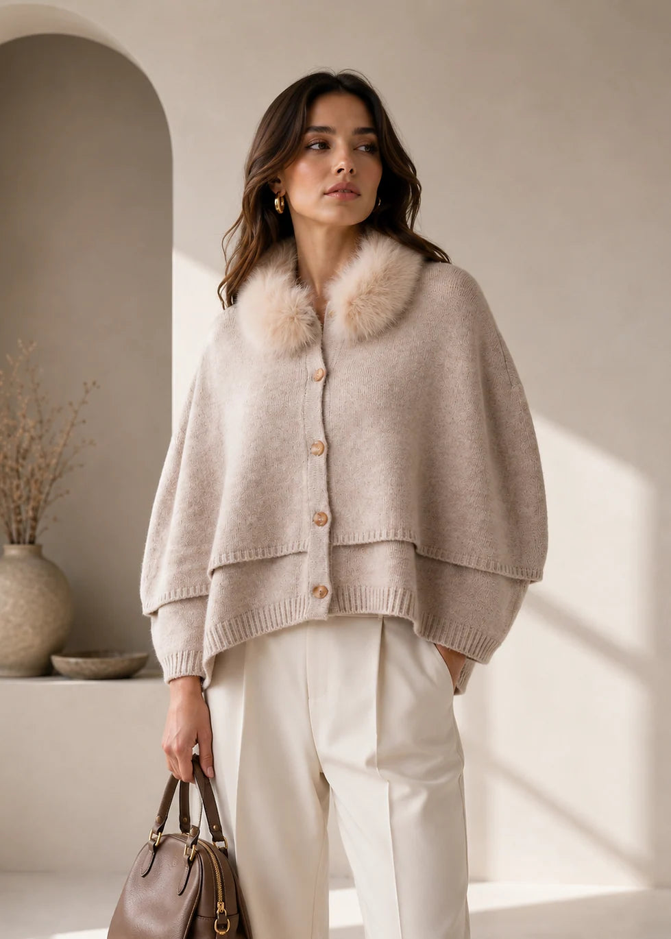 Oatmeal Double Layer Poncho Fox Fur Trim [POIM90-OATM] by Mitchie’s Matchings