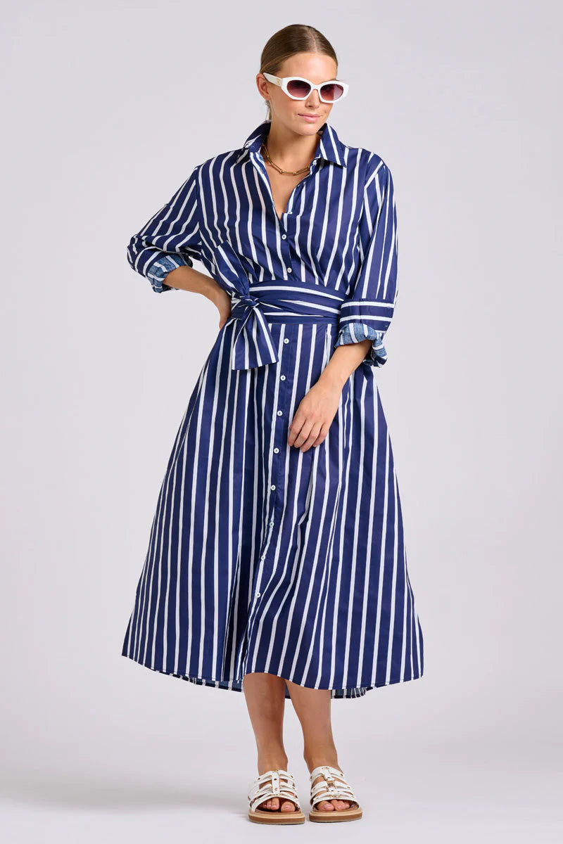 Luna LongLine Shirt Dress in Navy Thick Stripe by Shirty