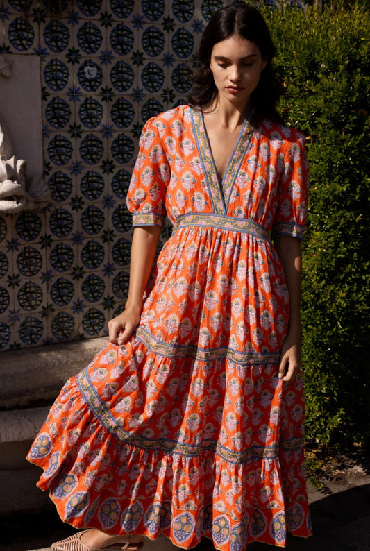 V neck Cuffed Maxi in Patna Red