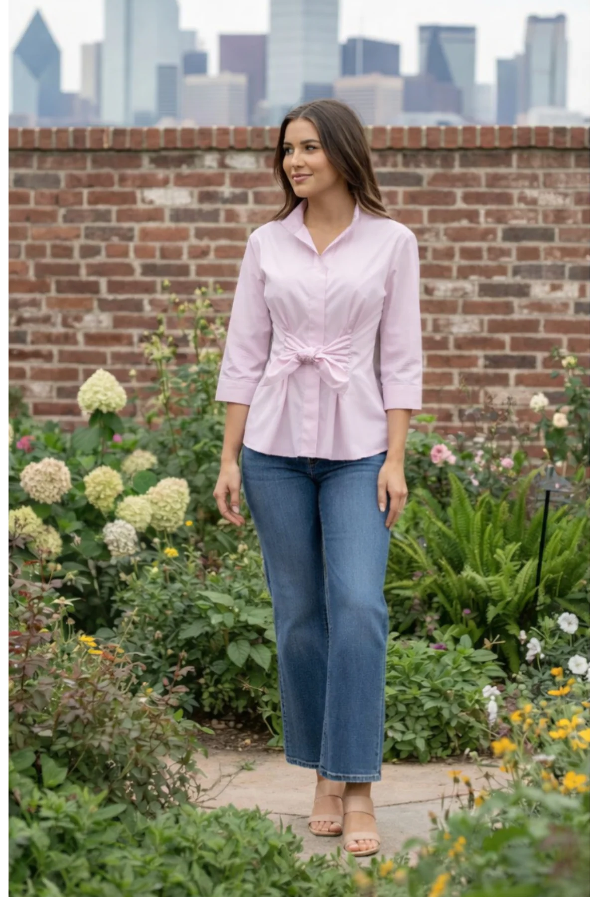 3/4 Sleeve Rocky Shirt Solid Silky Poplin in Pale Pink by Finley