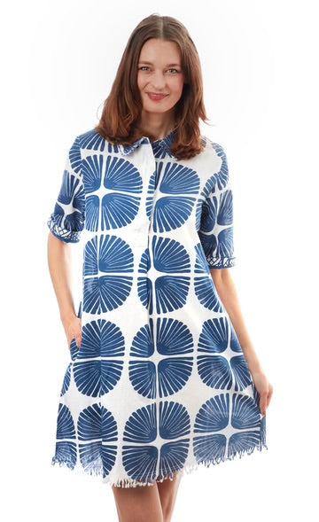 Chatham Dress Navy White Palm Fronds by Dizzy Lizzie